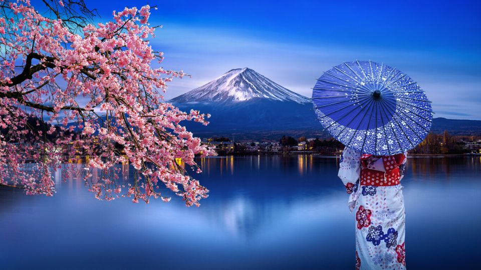 Japonsko Asiatka v japonském tradičním kimonu na hoře Fuji a třešňovém květu, jezero Kawaguchiko v Japonsku.